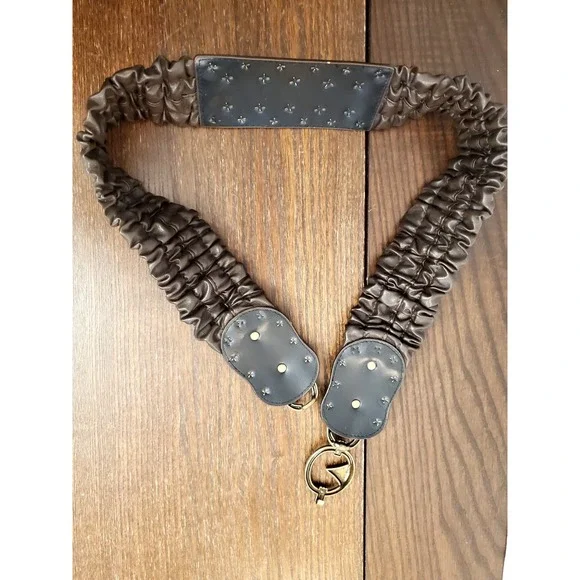 Womens L/XL Chocolate Ruched Elastic Cinch Wide Belt Brass Hook Art Deco Studded - Picture 4 of 14